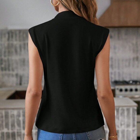 Black Casual Womens Mock Neck Cap Sleeve Tee - Picture 3 of 5